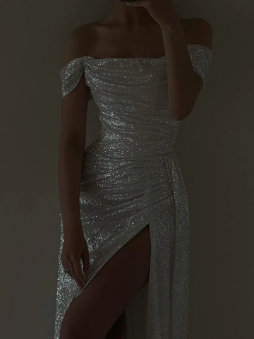 Bateau Capped Mermaid Sweep Train Split Front Sequins Luxury Evening Dress HZ1023